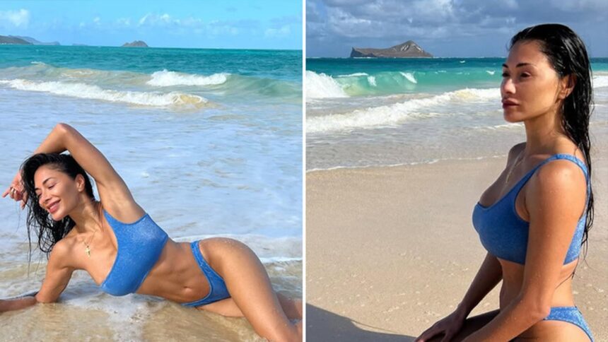 Nicole Scherzinger roccia bikini blu adolescenti in audaci foto di spiaggia