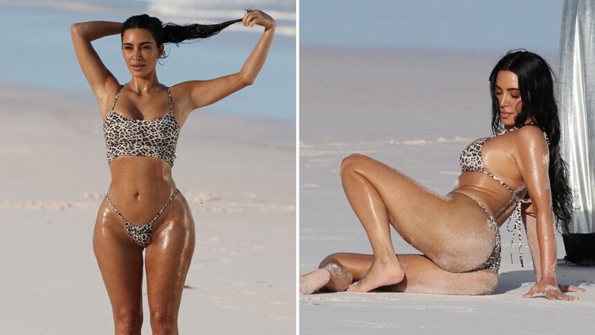 Kim Kardashian roccette piccole bikini con stampa leopardata per il servizio fotografico delle bahamas