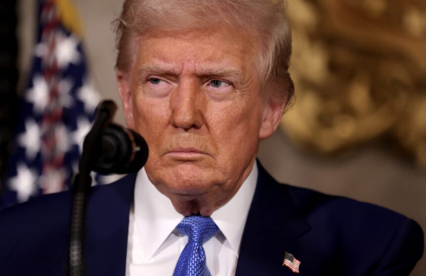 U.S. President Donald Trump delivers remarks after signing an executive order on expanding access to IVF at his Mar-a-Lago resort on February 18, 2025 in Palm Beach, Florida. Later today, Fox News will air a joint interview between President Trump and Tesla and SpaceX CEO Elon Musk.