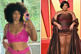 Lizzo posa in biancheria intima di pizzo mentre mostra una cornice più sottile