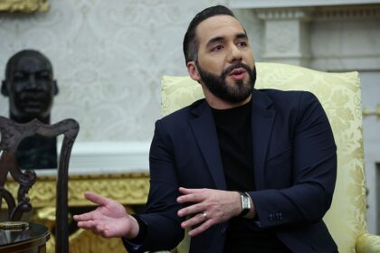 WASHINGTON, DC - APRIL 14: President Nayib Bukele of El Salvador meets with U.S. President Donald Trump in the Oval Office of the White House April 14, 2025 in Washington, DC. Trump and Bukele were expected to discuss a range of bilateral issues including the detention of Kilmar Armando Abrego Garcia, who has been held in a prison in El Salvador since March 15.  (Photo by Win McNamee/Getty Images)