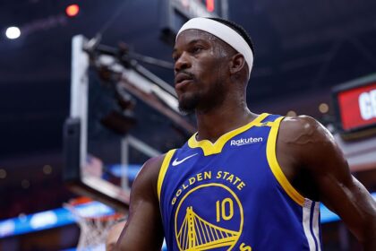 HOUSTON, TEXAS - APRIL 23: Jimmy Butler III #10 of the Golden State Warriors heads to the locker room in the first half after an injury against the Houston Rockets in Game Two of the Western Conference First Round NBA Playoffs at Toyota Center on April 23, 2025 in Houston, Texas.  NOTE TO USER: User expressly acknowledges and agrees that, by downloading and or using this photograph, User is consenting to the terms and conditions of the Getty Images License Agreement. (Photo by Tim Warner/Getty Images)