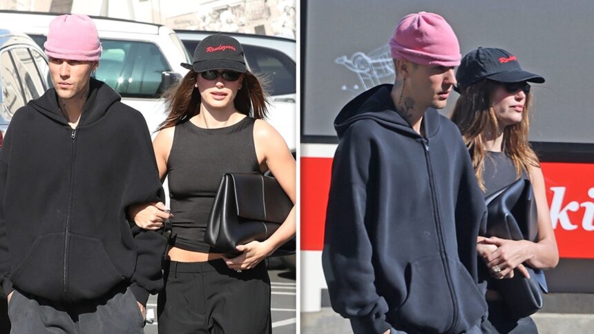 Justin e Hailey Bieber gemelli in abiti neri per la data