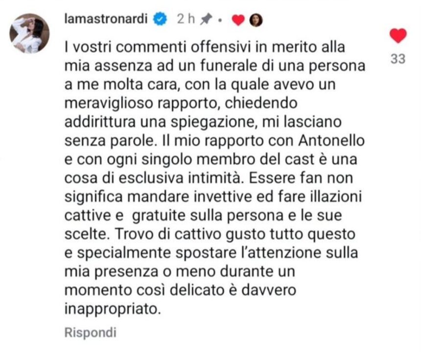 ''Commenti offensivi'': Alessandra Mastronardi replica alle critiche per l'assenza al funerale dell'ex collega Antonello Fassari - Gossip.it