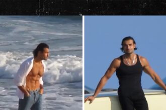 Sam Asghari mostra gli addominali duri in roccia in un servizio fotografico in spiaggia con vapore di Malibu