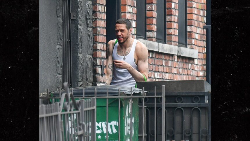 Pete Davidson sembra marcato portando generi alimentari consegnati a New York House