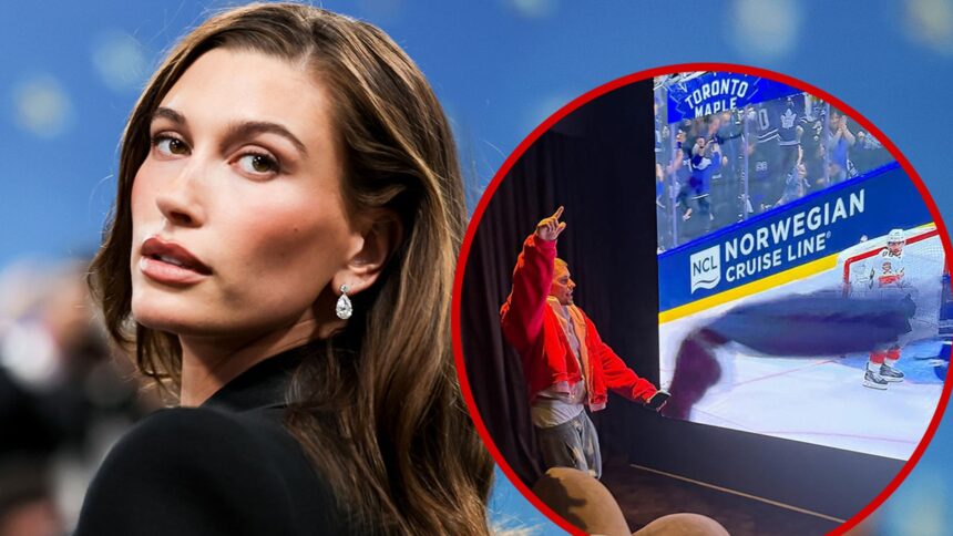 Justin Bieber guarda il gioco NHL mentre la moglie Hailey colpisce Gala con Martini Glass