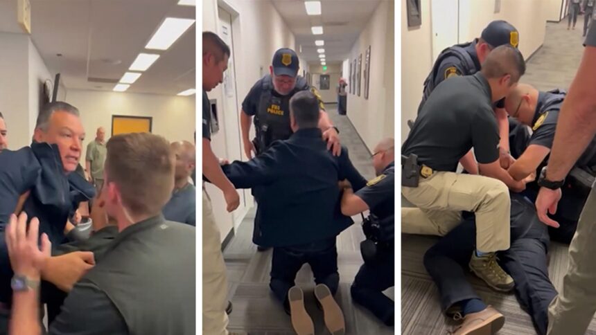 Il senatore espulso fisicamente, detenuto alla conferenza stampa di Los Angeles del segretario di DHS, sulla telecamera