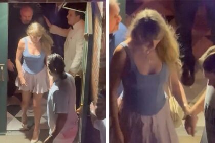 Taylor Swift e Travis Kelce si tengono per mano mentre esce da New York Restaurant