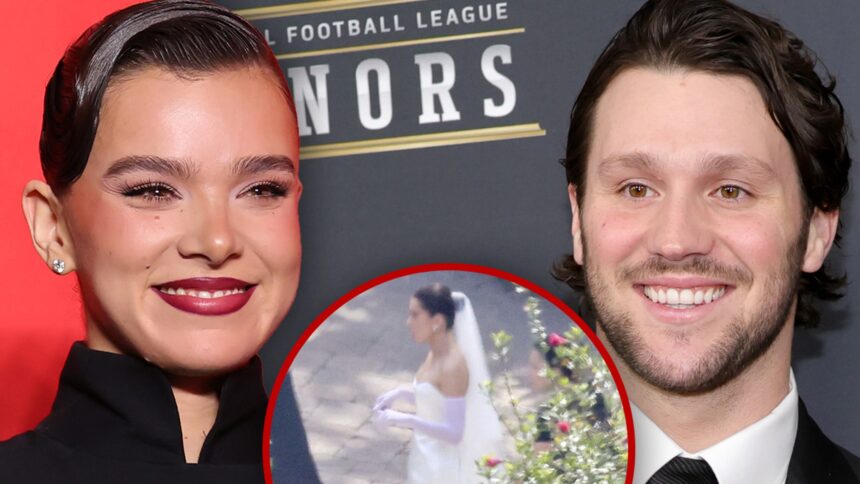 Hailee Steinfeld cammina lungo il corridoio, guarda il suo abito da sposa