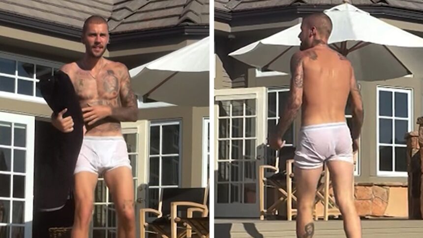 Justin Bieber emerge dal lago in biancheria intima bagnata gocciolante, in video