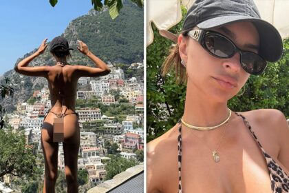 Emily Ratajkowski sfoggia la figura in piccoli costumi da bagno durante il viaggio italiano
