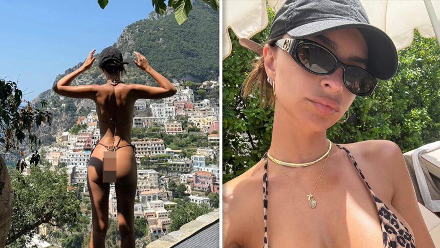 Emily Ratajkowski sfoggia la figura in piccoli costumi da bagno durante il viaggio italiano