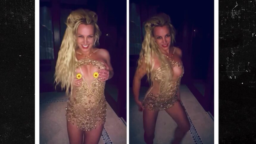 Britney Spears balla in abito dorato trasparente, mette girasoli sulle tette, in video