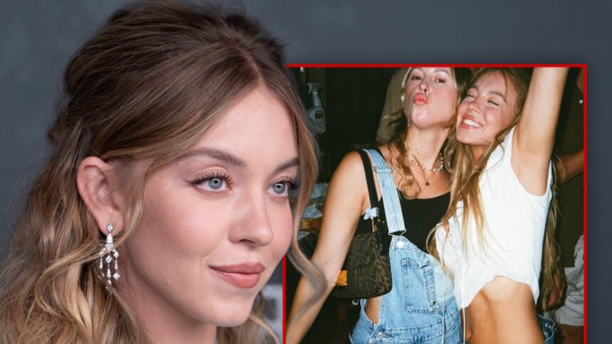 Le feste di Sydney Sweeney in jeans blu con gli amici, mostrano lo stomaco