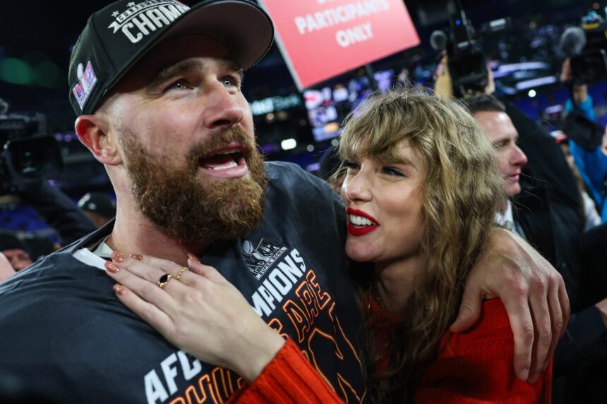 Travis Kelce #87 of the Kansas City Chiefs celebrates with Taylor Swift after defeating the Baltimore Ravens in the AFC Championship Game at M&T Bank Stadium on January 28, 2024 in Baltimore, Maryland.