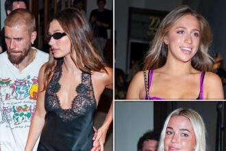 Hailey Bieber avvistato con un piccolo abito nero mentre lasciava la festa con Justin