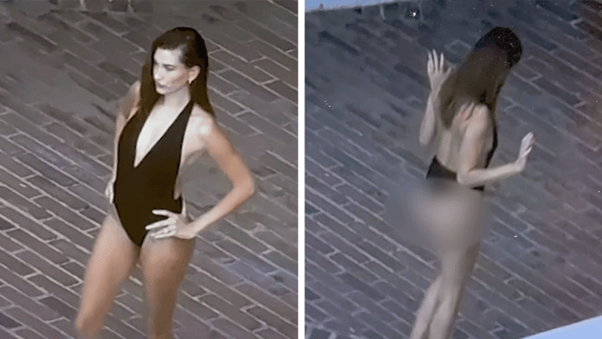 Hailey Bieber storditi in costume da bagno immergersi in piscina a bordo piscina