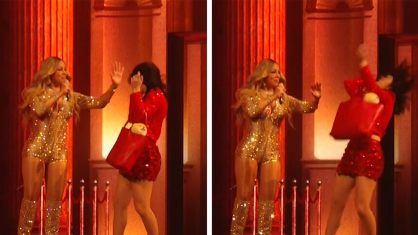 Mariah Carey finge goffamente di schiaffeggiare la ballerina durante gli MTV Video Music Awards