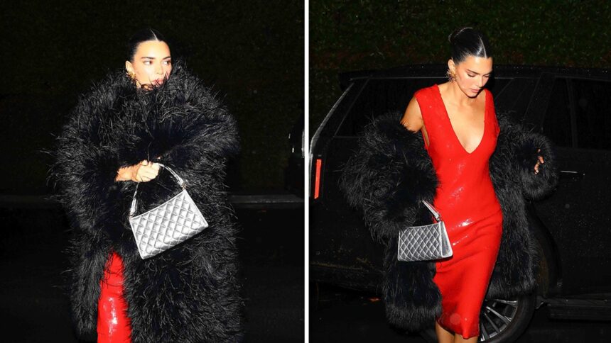 Kendall Jenner stupisce con un abito rosso per la gita della vigilia di Natale