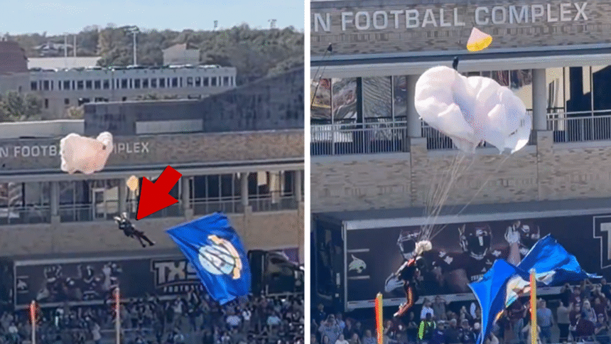 Il paracadutista afferra la rete del canestro e si schianta a terra prima del lancio delle forze armate