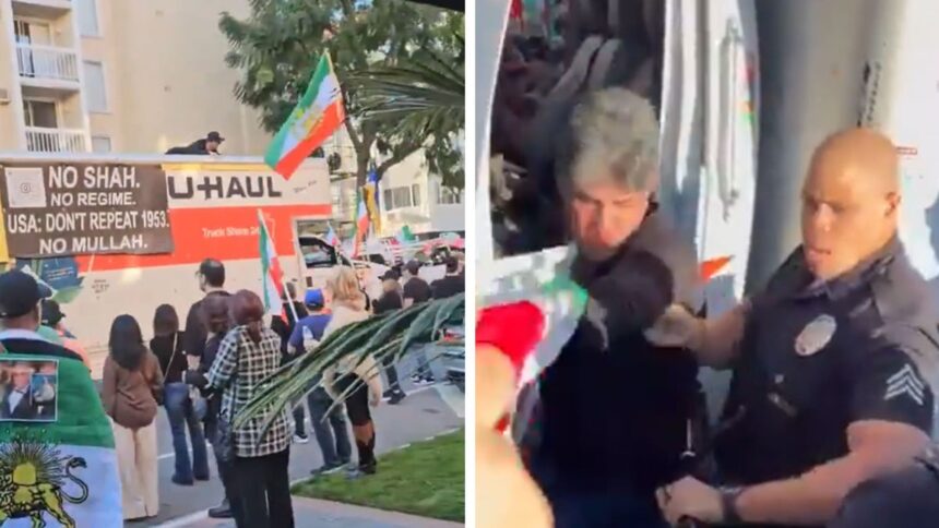 Un uomo guida un camion U-Haul durante una protesta iraniana, in un video
