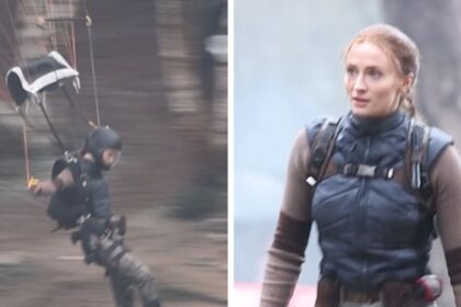 Sophie Turner esegue la sua acrobazia con il paracadute sul set di Lara Croft, in video