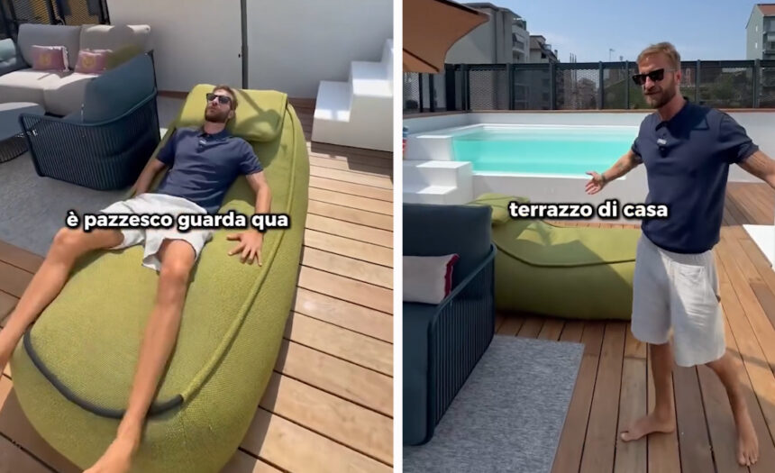 Stefano Corti mostra la lussuosa terrazza della sua nuova casa